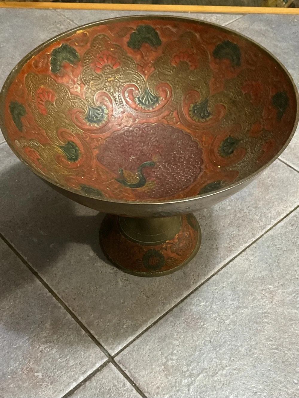 Decorative Brass Pedestal Bowl with Red and Green Enamel